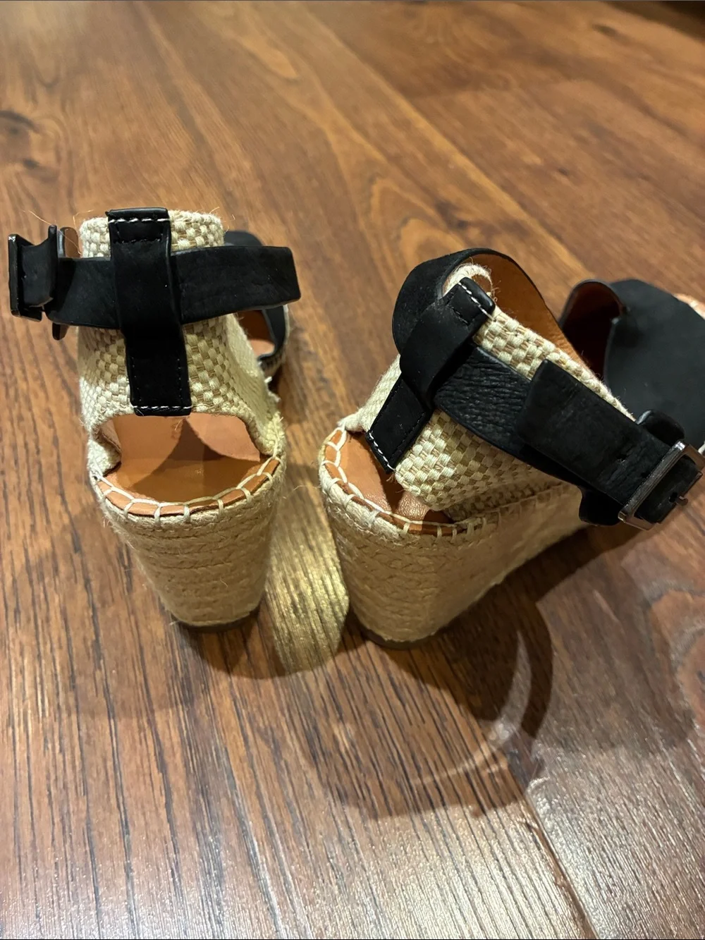 gentle souls Black Leather Espadrille Wedge Sandals with Ankle Strap